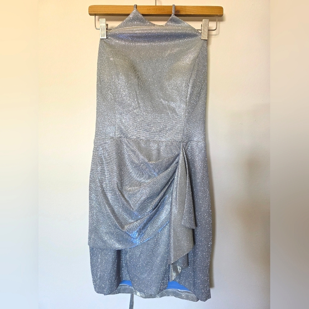Blondie Nights Juniors' Metallic-Knit Draped Mini Halter Lace Up Dress Sz 13 - Picture 3 of 4